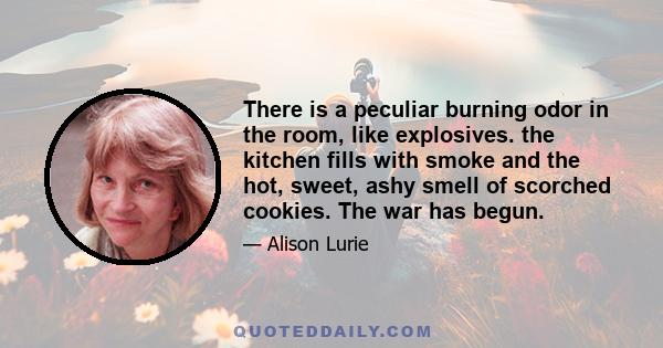 There is a peculiar burning odor in the room, like explosives. the kitchen fills with smoke and the hot, sweet, ashy smell of scorched cookies. The war has begun.