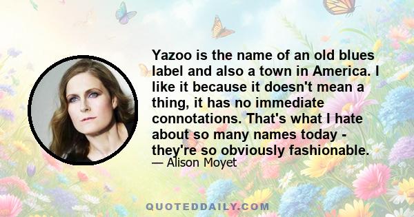 Yazoo is the name of an old blues label and also a town in America. I like it because it doesn't mean a thing, it has no immediate connotations. That's what I hate about so many names today - they're so obviously