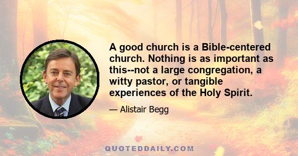 A good church is a Bible-centered church. Nothing is as important as this--not a large congregation, a witty pastor, or tangible experiences of the Holy Spirit.