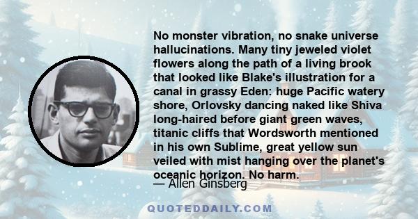 No monster vibration, no snake universe hallucinations. Many tiny jeweled violet flowers along the path of a living brook that looked like Blake's illustration for a canal in grassy Eden: huge Pacific watery shore,