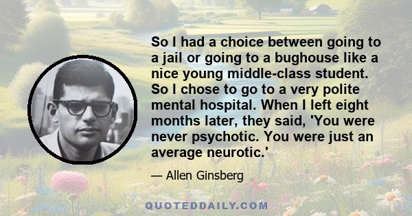 So I had a choice between going to a jail or going to a bughouse like a nice young middle-class student. So I chose to go to a very polite mental hospital. When I left eight months later, they said, 'You were never