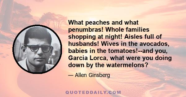 What peaches and what penumbras! Whole families shopping at night! Aisles full of husbands! Wives in the avocados, babies in the tomatoes!--and you, Garcia Lorca, what were you doing down by the watermelons?