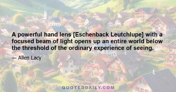 A powerful hand lens [Eschenback Leutchlupe] with a focused beam of light opens up an entire world below the threshold of the ordinary experience of seeing.