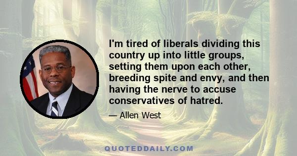 I'm tired of liberals dividing this country up into little groups, setting them upon each other, breeding spite and envy, and then having the nerve to accuse conservatives of hatred.