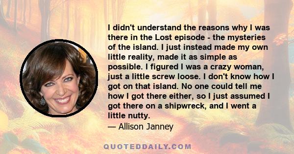 I didn't understand the reasons why I was there in the Lost episode - the mysteries of the island. I just instead made my own little reality, made it as simple as possible. I figured I was a crazy woman, just a little