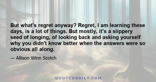 But what's regret anyway? Regret, I am learning these days, is a lot of things. But mostly, it's a slippery seed of longing, of looking back and asking yourself why you didn't know better when the answers were so