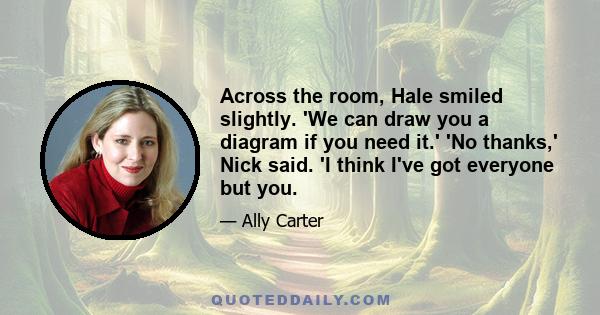 Across the room, Hale smiled slightly. 'We can draw you a diagram if you need it.' 'No thanks,' Nick said. 'I think I've got everyone but you.