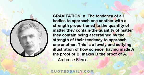 GRAVITATION, n. The tendency of all bodies to approach one another with a strength proportioned to the quantity of matter they contain-the quantity of matter they contain being ascertained by the strength of their