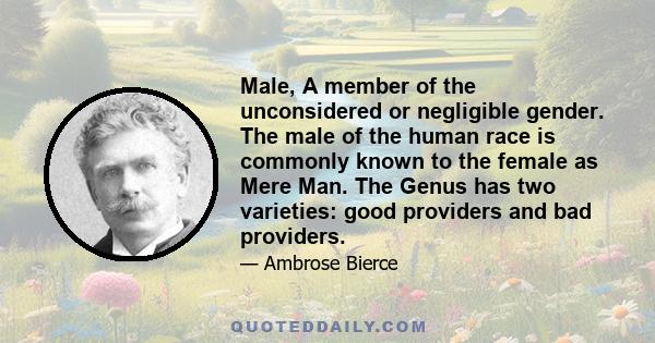 Male, A member of the unconsidered or negligible gender. The male of the human race is commonly known to the female as Mere Man. The Genus has two varieties: good providers and bad providers.