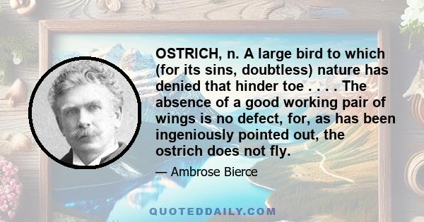 OSTRICH, n. A large bird to which (for its sins, doubtless) nature has denied that hinder toe . . . . The absence of a good working pair of wings is no defect, for, as has been ingeniously pointed out, the ostrich does