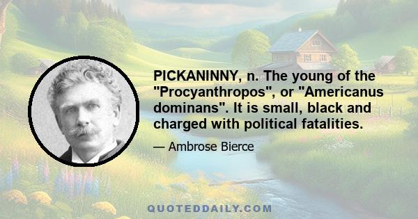 PICKANINNY, n. The young of the Procyanthropos, or Americanus dominans. It is small, black and charged with political fatalities.