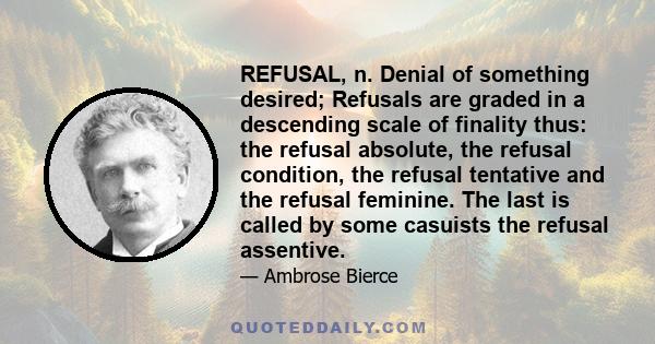 REFUSAL, n. Denial of something desired; Refusals are graded in a descending scale of finality thus: the refusal absolute, the refusal condition, the refusal tentative and the refusal feminine. The last is called by