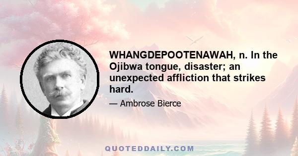 WHANGDEPOOTENAWAH, n. In the Ojibwa tongue, disaster; an unexpected affliction that strikes hard.