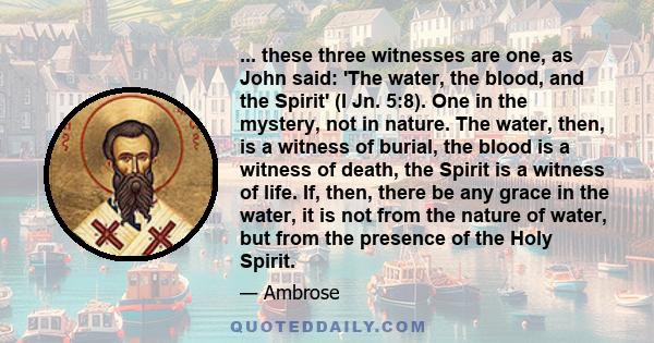 ... these three witnesses are one, as John said: 'The water, the blood, and the Spirit' (I Jn. 5:8). One in the mystery, not in nature. The water, then, is a witness of burial, the blood is a witness of death, the