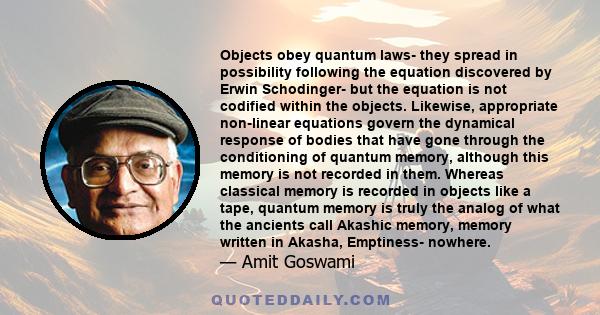 Objects obey quantum laws- they spread in possibility following the equation discovered by Erwin Schodinger- but the equation is not codified within the objects. Likewise, appropriate non-linear equations govern the