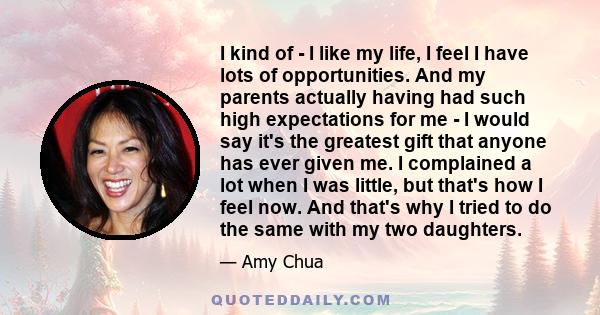 I kind of - I like my life, I feel I have lots of opportunities. And my parents actually having had such high expectations for me - I would say it's the greatest gift that anyone has ever given me. I complained a lot