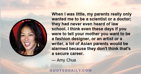 When I was little, my parents really only wanted me to be a scientist or a doctor; they had never even heard of law school. I think even these days if you were to tell your mother you want to be a fashion designer, or