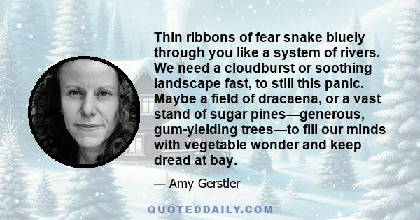 Thin ribbons of fear snake bluely through you like a system of rivers. We need a cloudburst or soothing landscape fast, to still this panic. Maybe a field of dracaena, or a vast stand of sugar pines—generous,