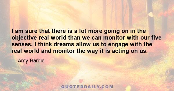 I am sure that there is a lot more going on in the objective real world than we can monitor with our five senses. I think dreams allow us to engage with the real world and monitor the way it is acting on us.