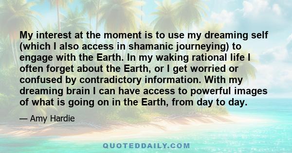 My interest at the moment is to use my dreaming self (which I also access in shamanic journeying) to engage with the Earth. In my waking rational life I often forget about the Earth, or I get worried or confused by