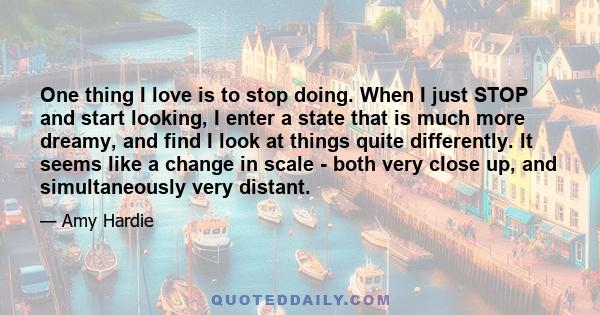 One thing I love is to stop doing. When I just STOP and start looking, I enter a state that is much more dreamy, and find I look at things quite differently. It seems like a change in scale - both very close up, and