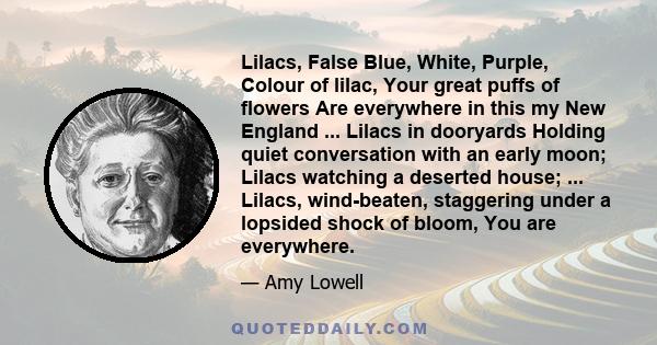 Lilacs, False Blue, White, Purple, Colour of lilac, Your great puffs of flowers Are everywhere in this my New England ... Lilacs in dooryards Holding quiet conversation with an early moon; Lilacs watching a deserted