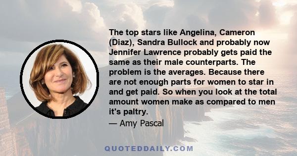 The top stars like Angelina, Cameron (Diaz), Sandra Bullock and probably now Jennifer Lawrence probably gets paid the same as their male counterparts. The problem is the averages. Because there are not enough parts for