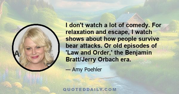 I don't watch a lot of comedy. For relaxation and escape, I watch shows about how people survive bear attacks. Or old episodes of 'Law and Order,' the Benjamin Bratt/Jerry Orbach era.