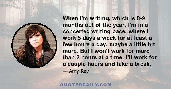 When I'm writing, which is 8-9 months out of the year, I'm in a concerted writing pace, where I work 5 days a week for at least a few hours a day, maybe a little bit more. But I won't work for more than 2 hours at a