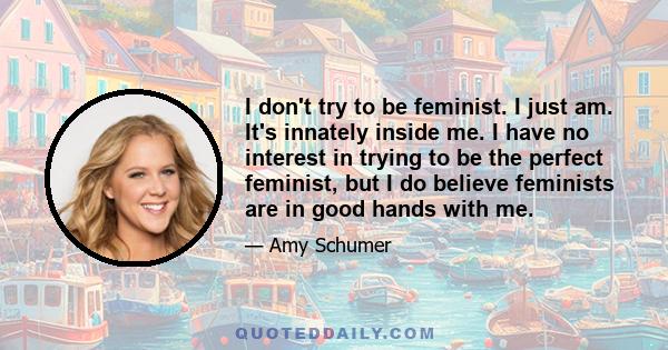 I don't try to be feminist. I just am. It's innately inside me. I have no interest in trying to be the perfect feminist, but I do believe feminists are in good hands with me.