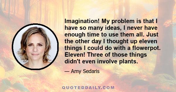 Imagination! My problem is that I have so many ideas, I never have enough time to use them all. Just the other day I thought up eleven things I could do with a flowerpot. Eleven! Three of those things didn't even