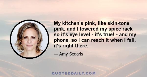 My kitchen's pink, like skin-tone pink, and I lowered my spice rack so it's eye level - it's true! - and my phone, so I can reach it when I fall, it's right there.