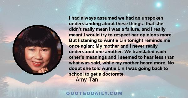 I had always assumed we had an unspoken understanding about these things: that she didn't really mean I was a failure, and I really meant I would try to respect her opinions more. But listening to Auntie Lin tonight