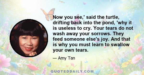 Now you see,' said the turtle, drifting back into the pond, 'why it is useless to cry. Your tears do not wash away your sorrows. They feed someone else's joy. And that is why you must learn to swallow your own tears.