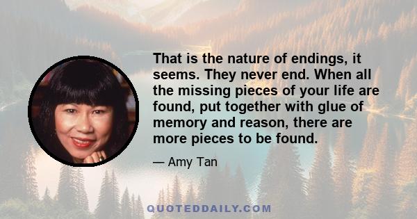 That is the nature of endings, it seems. They never end. When all the missing pieces of your life are found, put together with glue of memory and reason, there are more pieces to be found.