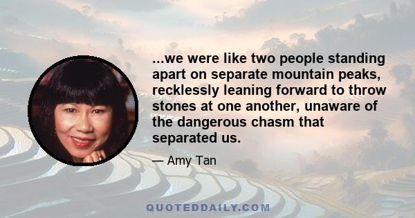 ...we were like two people standing apart on separate mountain peaks, recklessly leaning forward to throw stones at one another, unaware of the dangerous chasm that separated us.