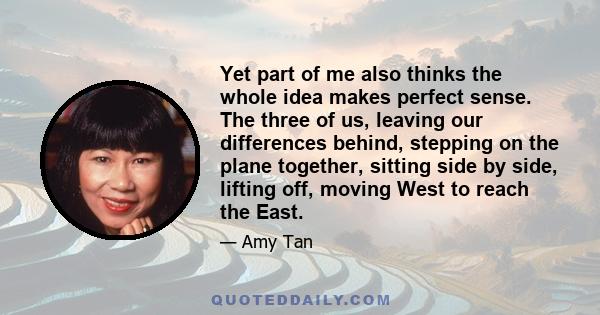 Yet part of me also thinks the whole idea makes perfect sense. The three of us, leaving our differences behind, stepping on the plane together, sitting side by side, lifting off, moving West to reach the East.