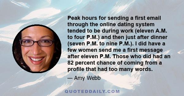 Peak hours for sending a first email through the online dating system tended to be during work (eleven A.M. to four P.M.) and then just after dinner (seven P.M. to nine P.M.). I did have a few women send me a first