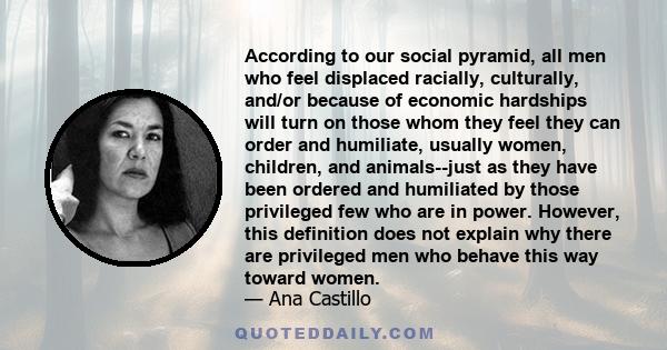 According to our social pyramid, all men who feel displaced racially, culturally, and/or because of economic hardships will turn on those whom they feel they can order and humiliate, usually women, children, and