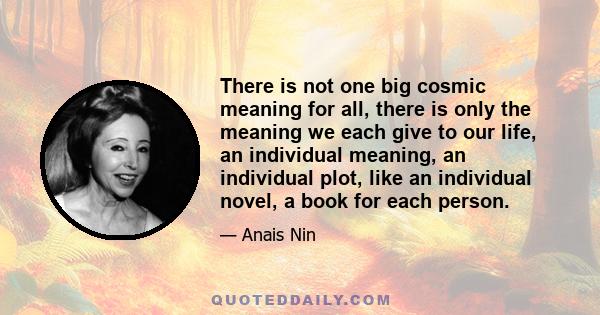 There is not one big cosmic meaning for all, there is only the meaning we each give to our life, an individual meaning, an individual plot, like an individual novel, a book for each person.