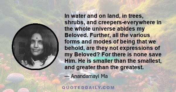 In water and on land, in trees, shrubs, and creepers-everywhere in the whole universe abides my Beloved. Further, all the various forms and modes of being that we behold, are they not expressions of my Beloved? For