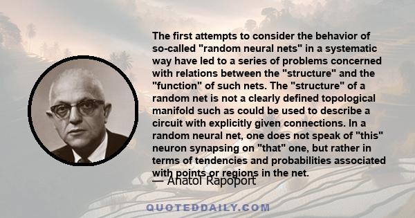 The first attempts to consider the behavior of so-called random neural nets in a systematic way have led to a series of problems concerned with relations between the structure and the function of such nets. The