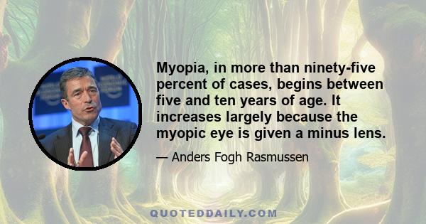 Myopia, in more than ninety-five percent of cases, begins between five and ten years of age. It increases largely because the myopic eye is given a minus lens.