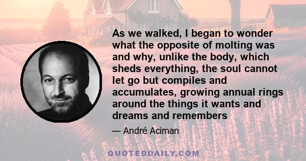 As we walked, I began to wonder what the opposite of molting was and why, unlike the body, which sheds everything, the soul cannot let go but compiles and accumulates, growing annual rings around the things it wants and 