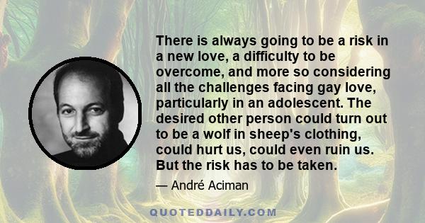 There is always going to be a risk in a new love, a difficulty to be overcome, and more so considering all the challenges facing gay love, particularly in an adolescent. The desired other person could turn out to be a