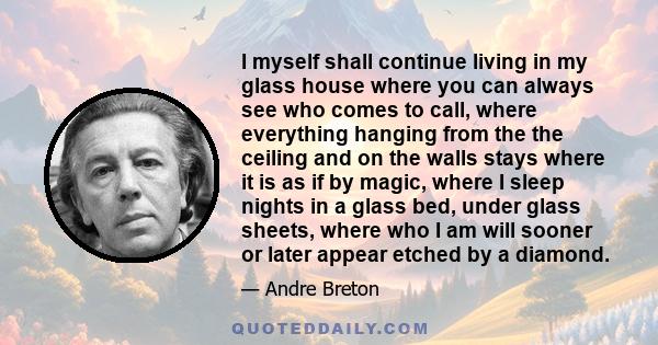 I myself shall continue living in my glass house where you can always see who comes to call, where everything hanging from the the ceiling and on the walls stays where it is as if by magic, where I sleep nights in a