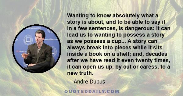 Wanting to know absolutely what a story is about, and to be able to say it in a few sentences, is dangerous: it can lead us to wanting to possess a story as we possess a cup... A story can always break into pieces while 