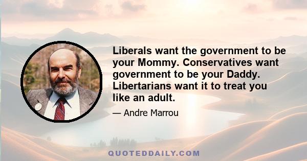 Liberals want the government to be your Mommy. Conservatives want government to be your Daddy. Libertarians want it to treat you like an adult.