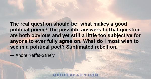 The real question should be: what makes a good political poem? The possible answers to that question are both obvious and yet still a little too subjective for anyone to ever fully agree on. What do I most wish to see