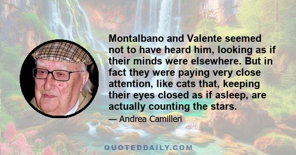 Montalbano and Valente seemed not to have heard him, looking as if their minds were elsewhere. But in fact they were paying very close attention, like cats that, keeping their eyes closed as if asleep, are actually